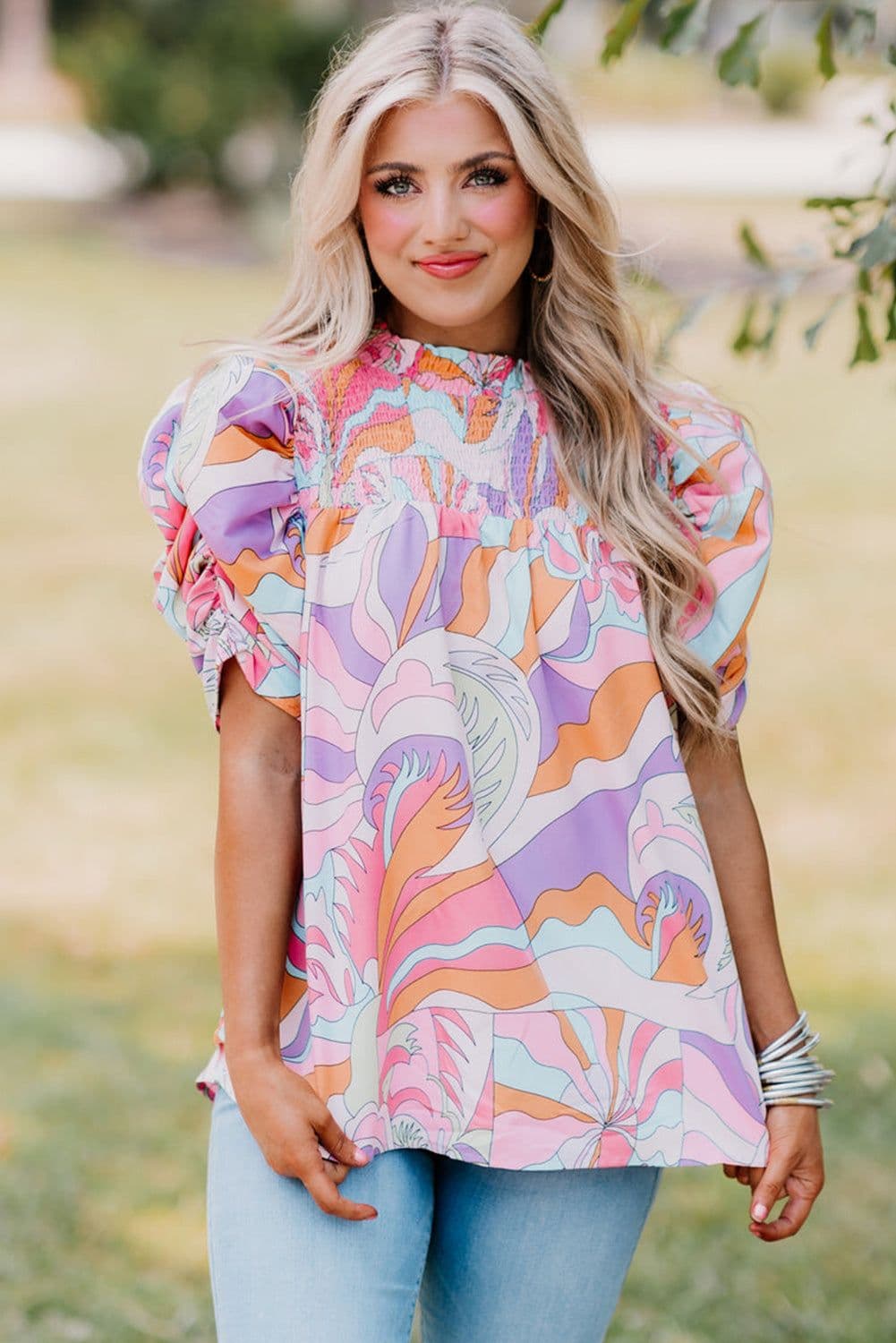image-Green Abstract Print Bubble Sleeve Smock Detail Blouse