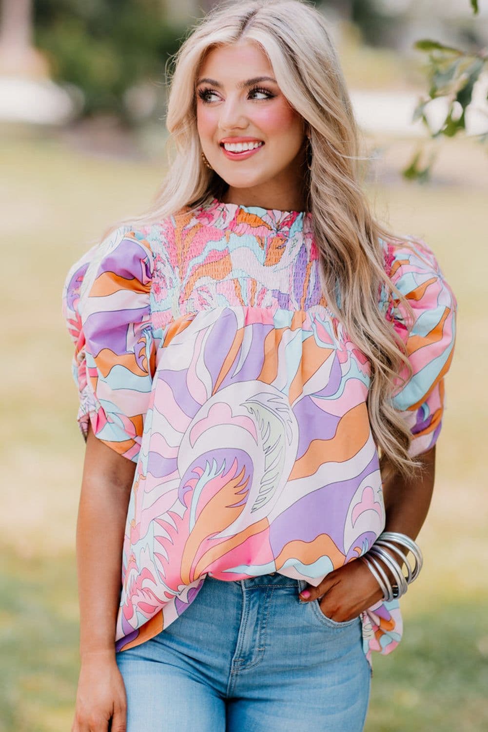 image-Green Abstract Print Bubble Sleeve Smock Detail Blouse