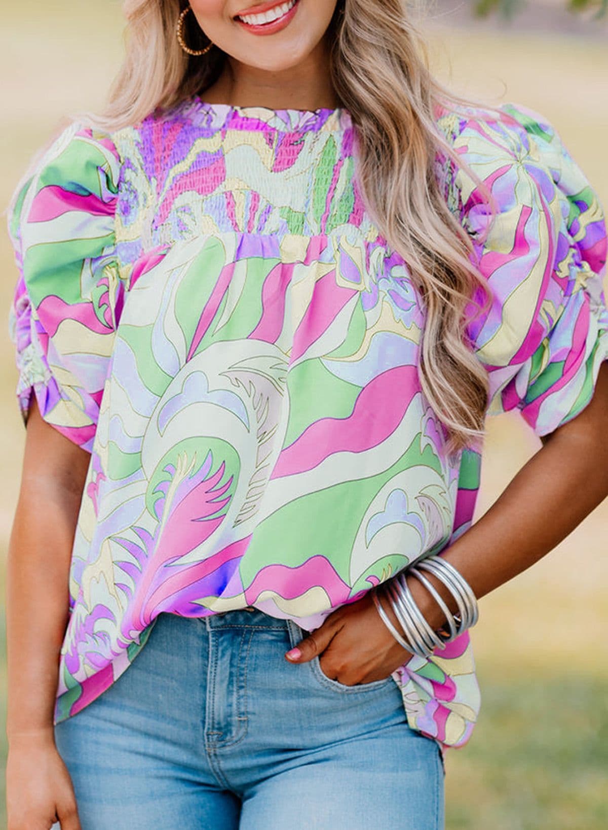 image-Green Abstract Print Bubble Sleeve Smock Detail Blouse