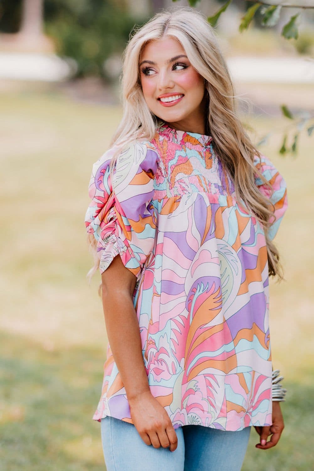 image-Green Abstract Print Bubble Sleeve Smock Detail Blouse