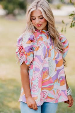image-Green Abstract Print Bubble Sleeve Smock Detail Blouse