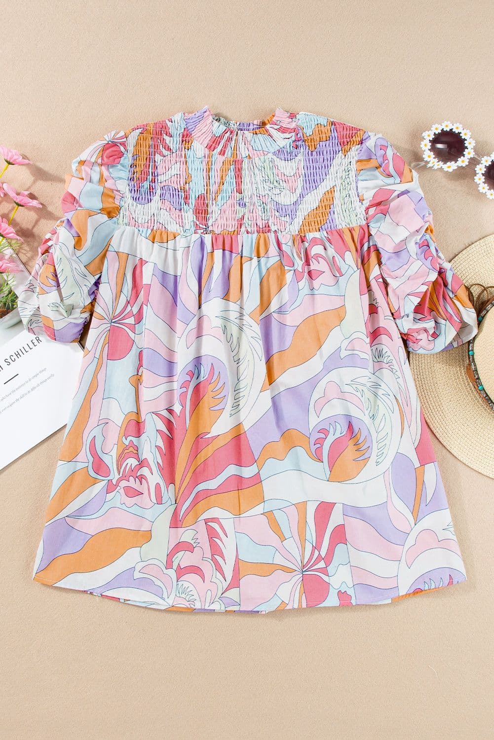 image-Green Abstract Print Bubble Sleeve Smock Detail Blouse