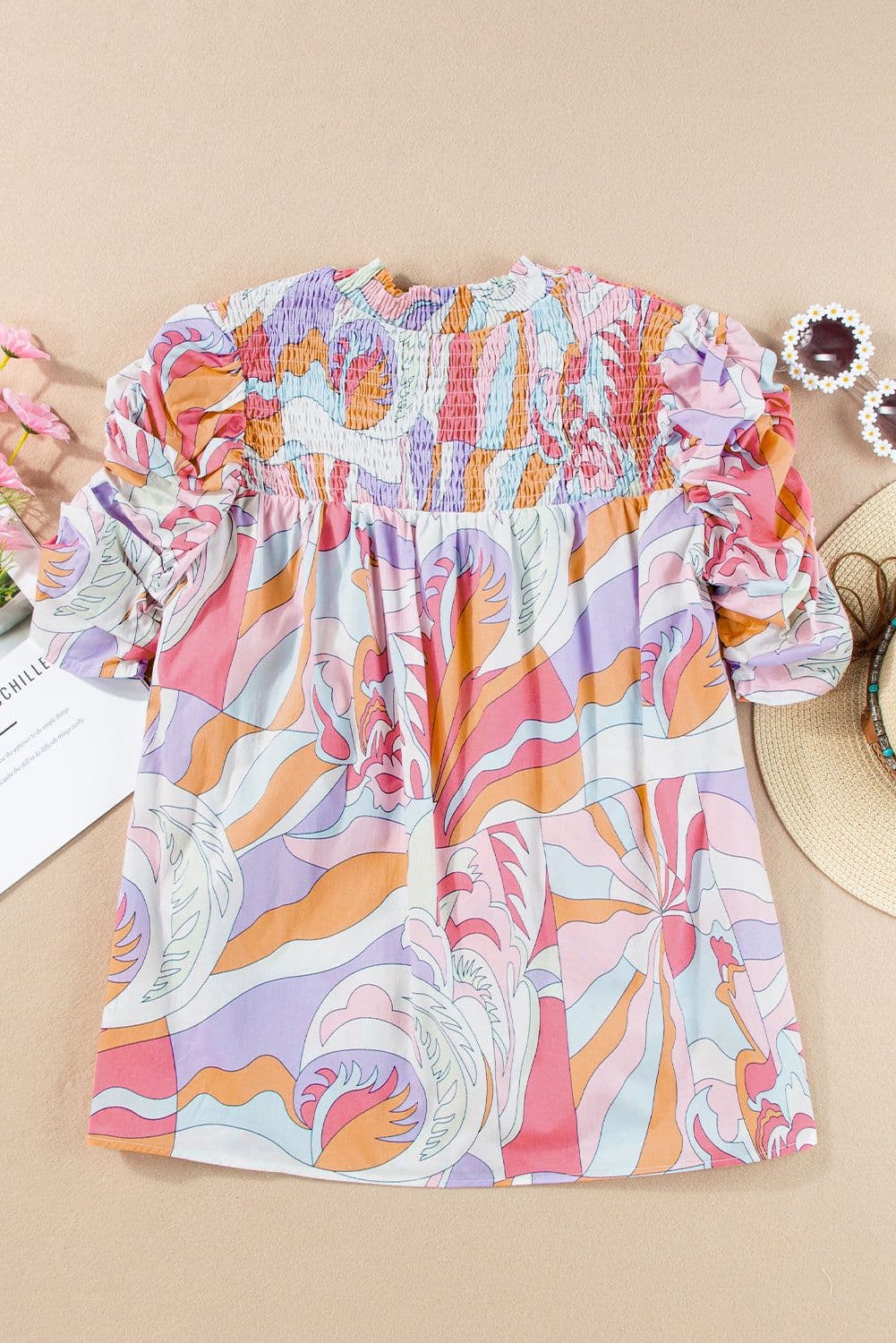 image-Green Abstract Print Bubble Sleeve Smock Detail Blouse