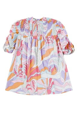 image-Green Abstract Print Bubble Sleeve Smock Detail Blouse