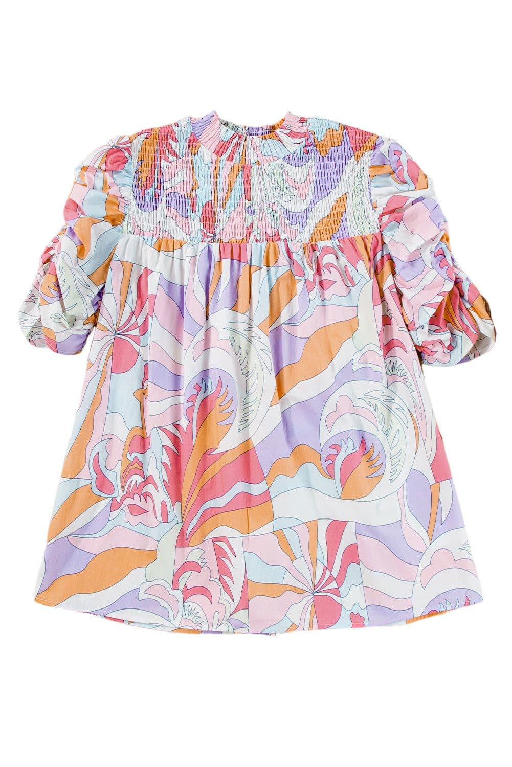 image-Green Abstract Print Bubble Sleeve Smock Detail Blouse