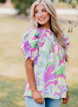 image-Green Abstract Print Bubble Sleeve Smock Detail Blouse