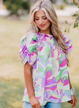 image-Green Abstract Print Bubble Sleeve Smock Detail Blouse