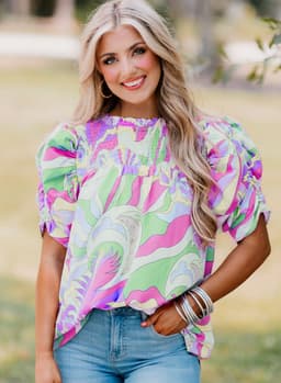 image-Green Abstract Print Bubble Sleeve Smock Detail Blouse
