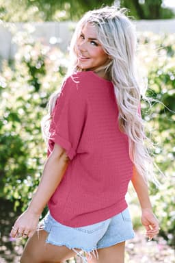 image-Bright Pink Textured Rolled Sleeve V Neck Tee