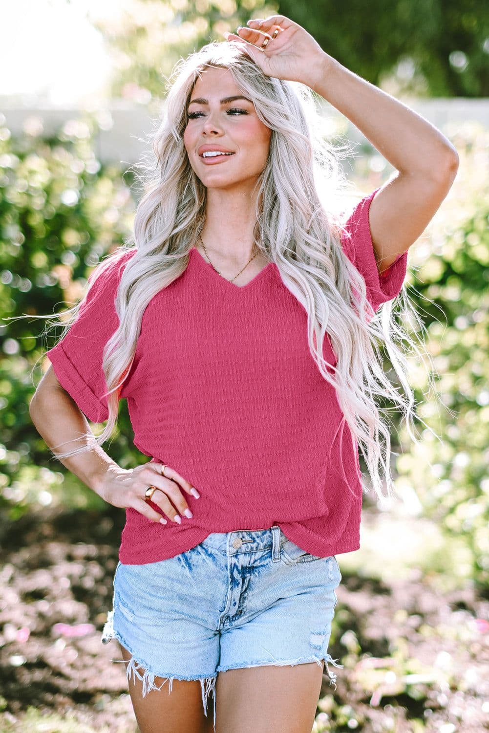 image-Bright Pink Textured Rolled Sleeve V Neck Tee
