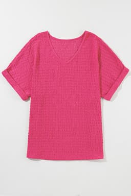 image-Bright Pink Textured Rolled Sleeve V Neck Tee