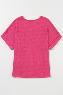 image-Bright Pink Textured Rolled Sleeve V Neck Tee