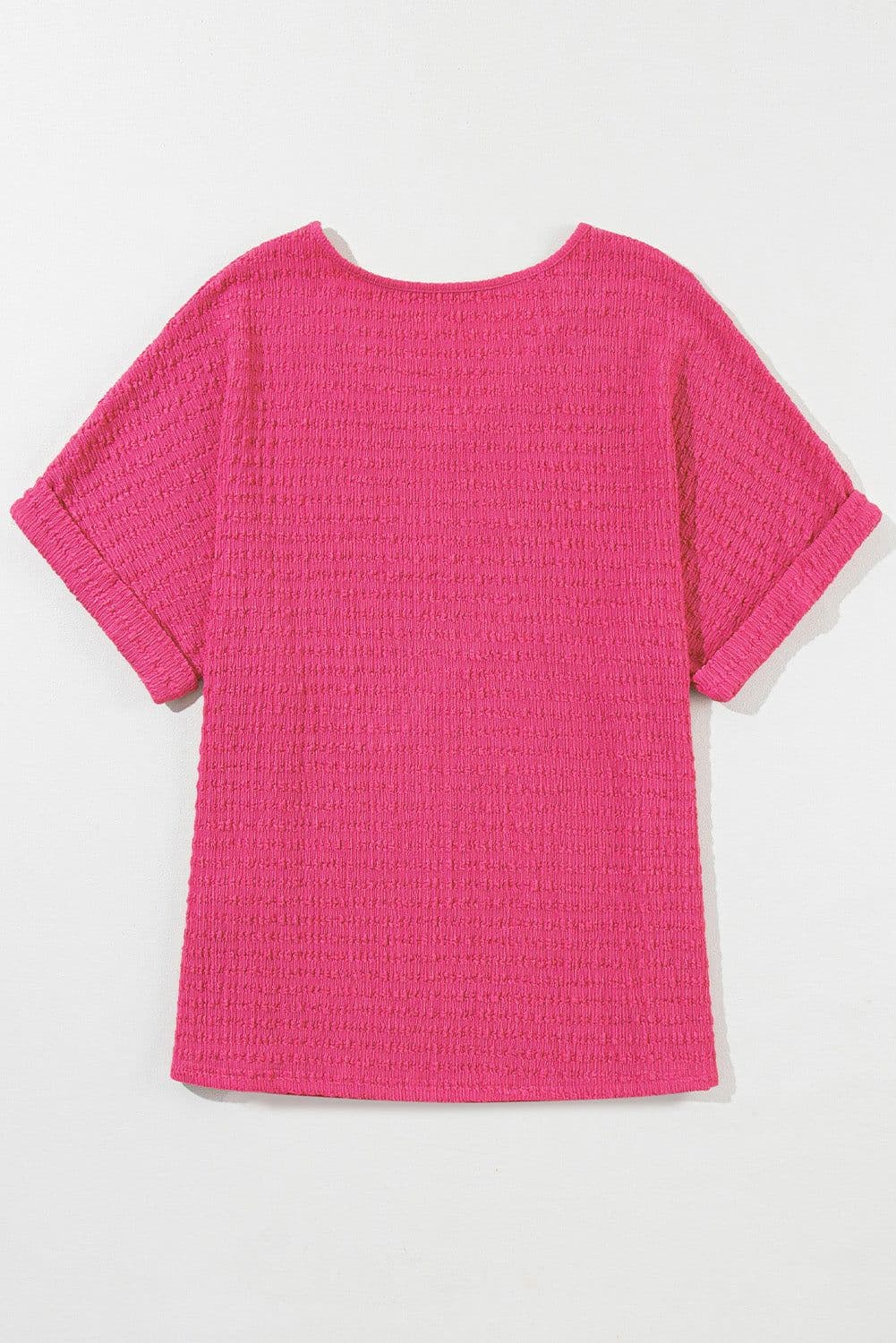 image-Bright Pink Textured Rolled Sleeve V Neck Tee