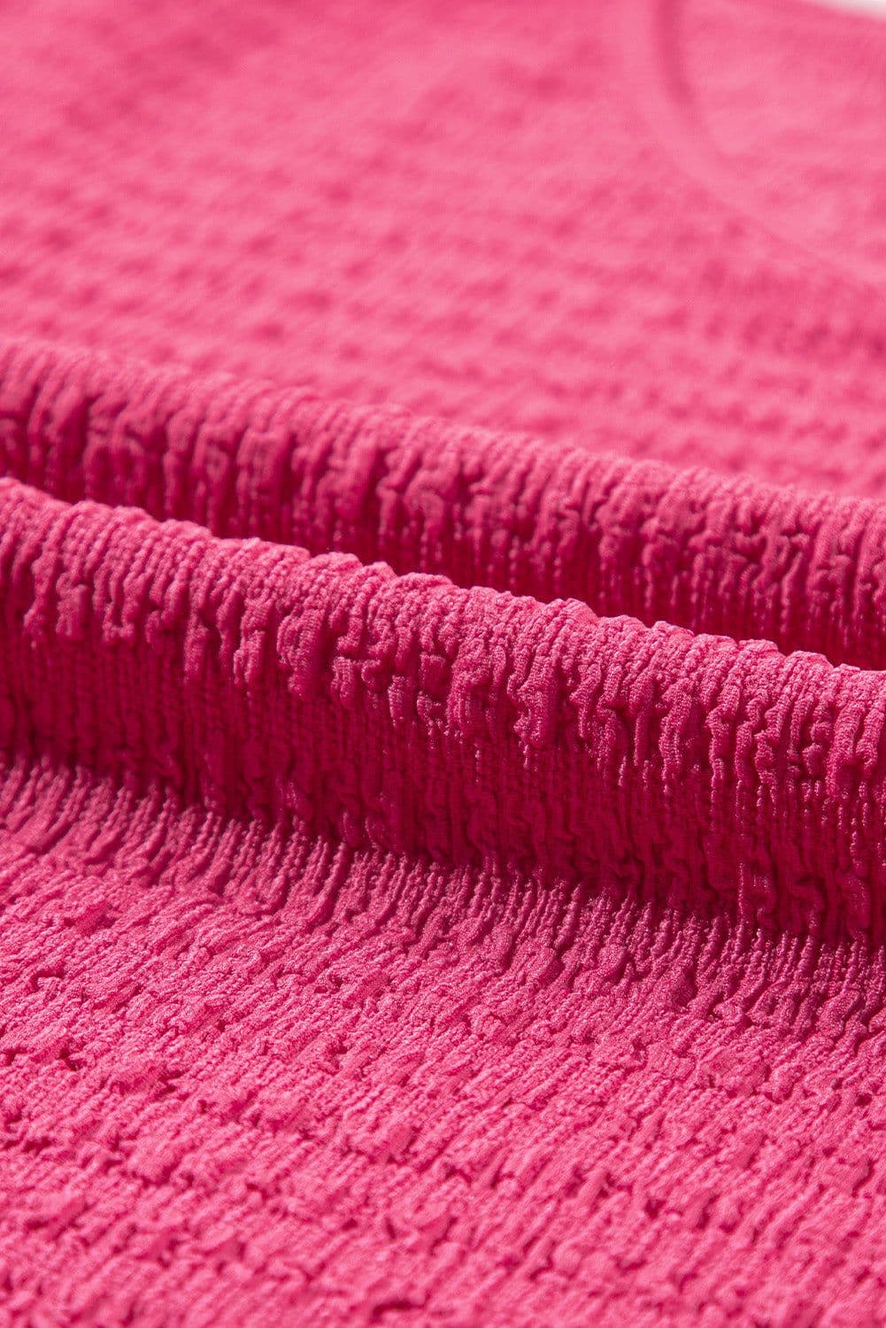 image-Bright Pink Textured Rolled Sleeve V Neck Tee