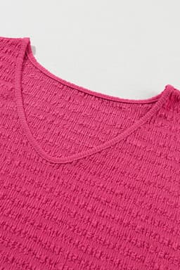 image-Bright Pink Textured Rolled Sleeve V Neck Tee