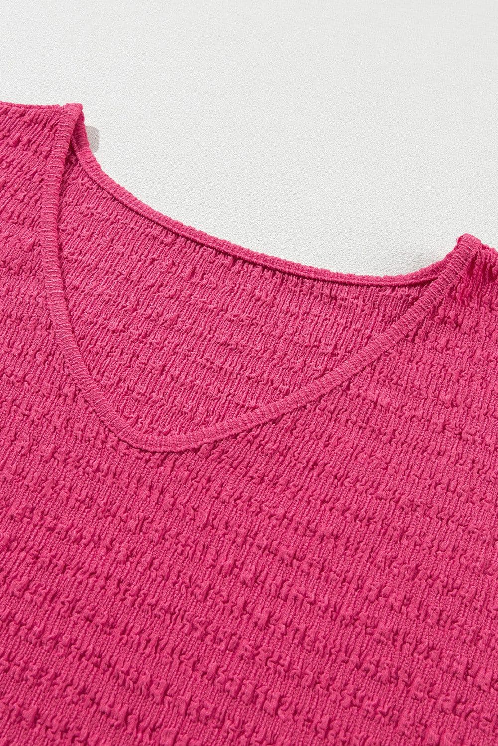image-Bright Pink Textured Rolled Sleeve V Neck Tee