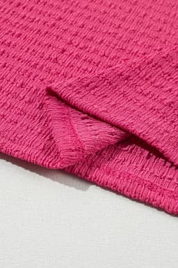 image-Bright Pink Textured Rolled Sleeve V Neck Tee