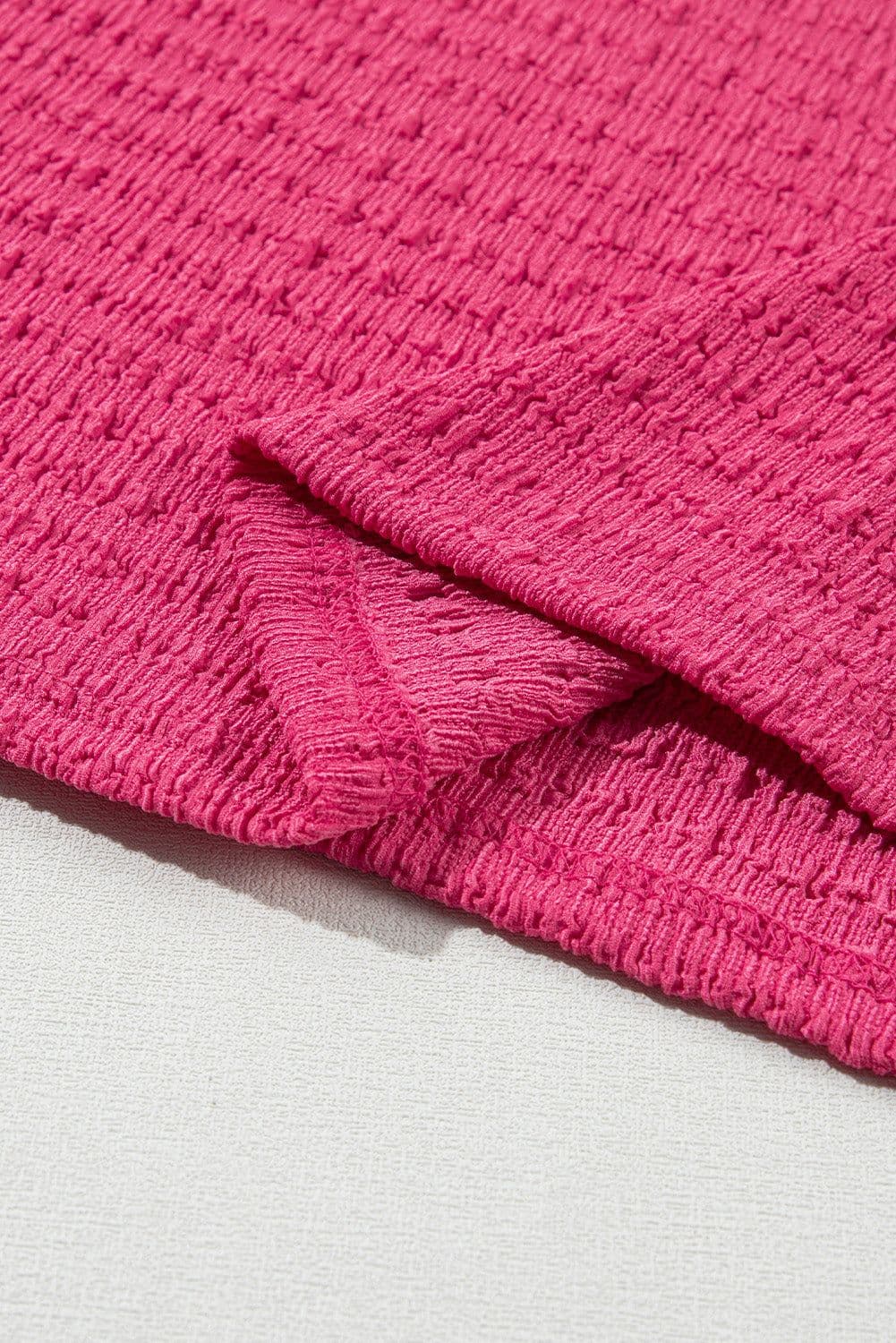 image-Bright Pink Textured Rolled Sleeve V Neck Tee