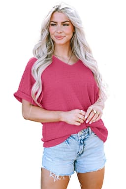 image-Bright Pink Textured Rolled Sleeve V Neck Tee