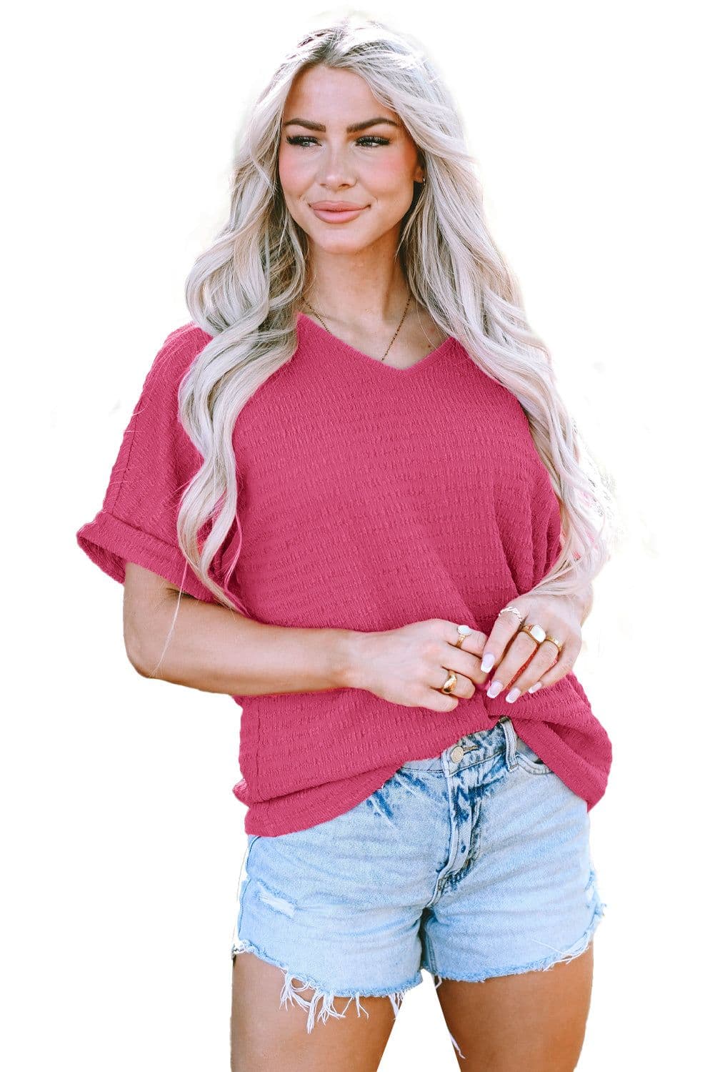 image-Bright Pink Textured Rolled Sleeve V Neck Tee