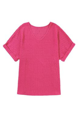 image-Bright Pink Textured Rolled Sleeve V Neck Tee