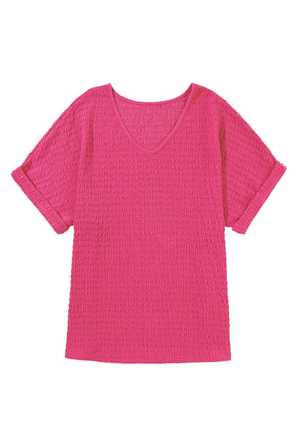 image-Bright Pink Textured Rolled Sleeve V Neck Tee