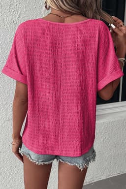 image-Bright Pink Textured Rolled Sleeve V Neck Tee