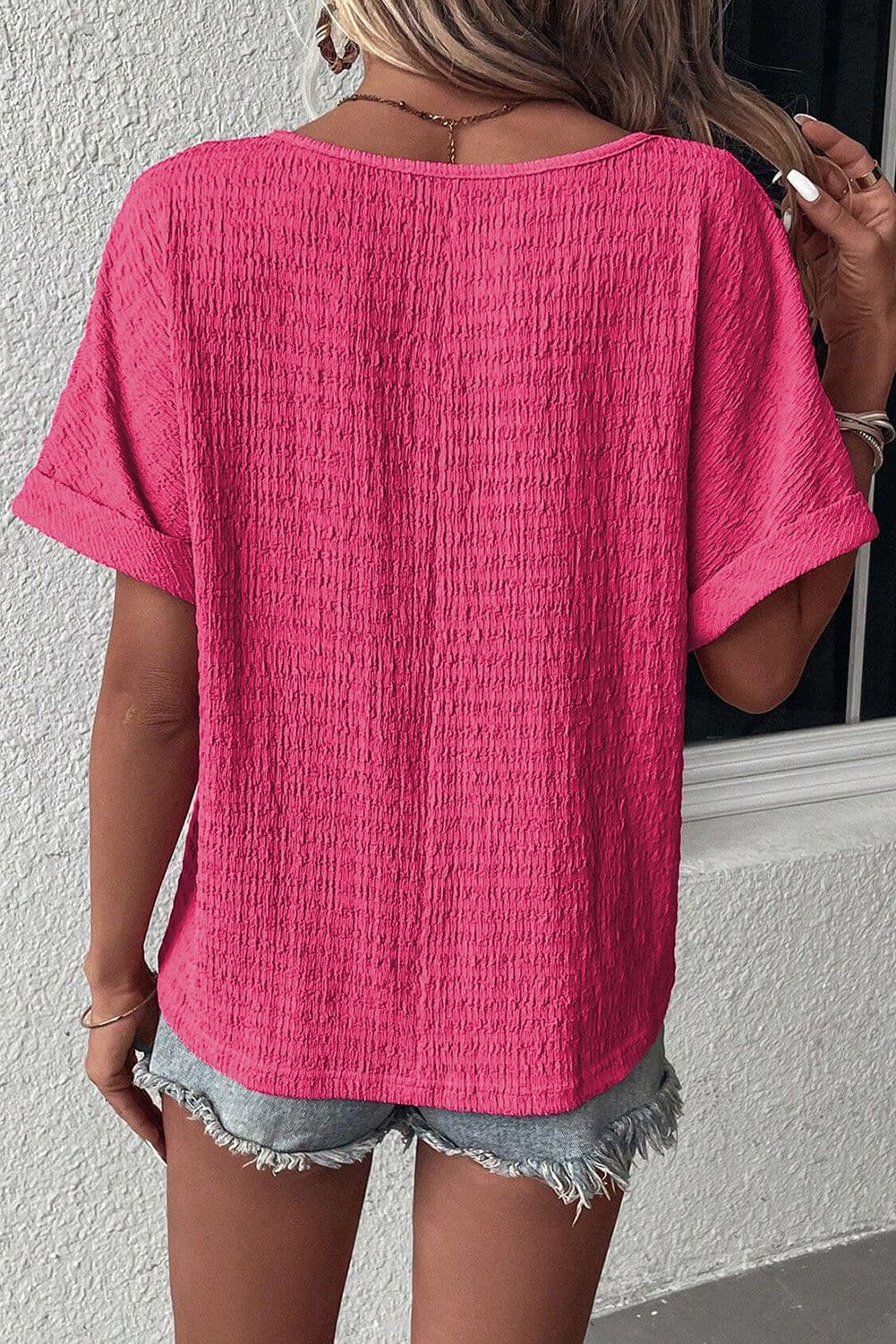 image-Bright Pink Textured Rolled Sleeve V Neck Tee