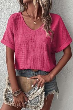 image-Bright Pink Textured Rolled Sleeve V Neck Tee