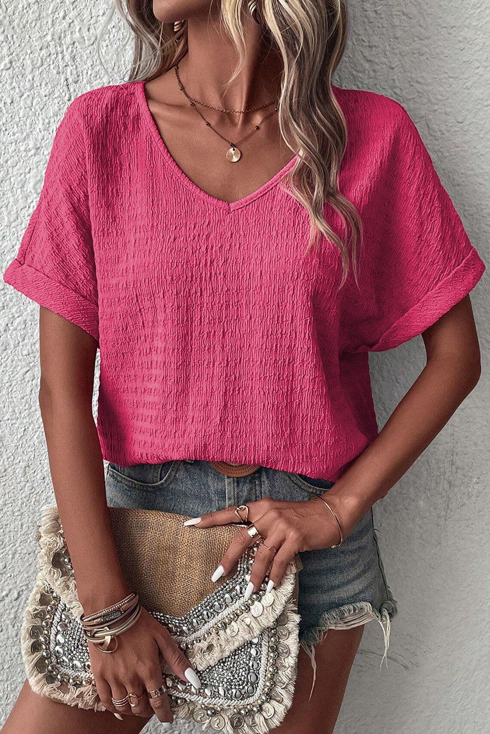 image-Bright Pink Textured Rolled Sleeve V Neck Tee