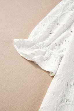 image-White Flower Eyelet Jacquard Keyhole Flounce Sleeve Top