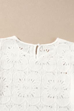 image-White Flower Eyelet Jacquard Keyhole Flounce Sleeve Top