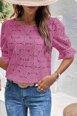 image-White Flower Eyelet Jacquard Keyhole Flounce Sleeve Top