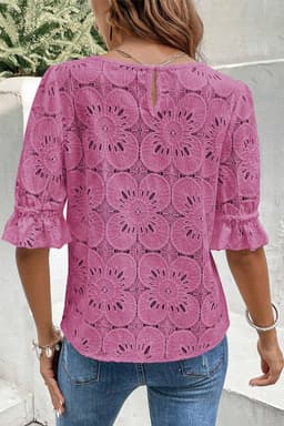 image-White Flower Eyelet Jacquard Keyhole Flounce Sleeve Top