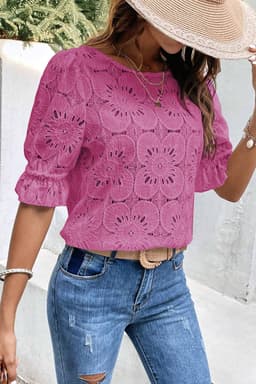 image-White Flower Eyelet Jacquard Keyhole Flounce Sleeve Top