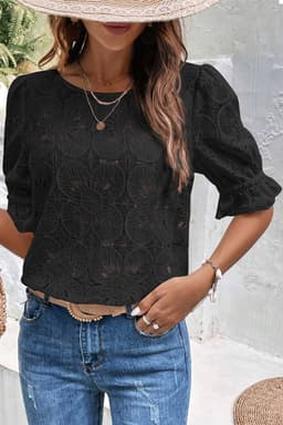 image-White Flower Eyelet Jacquard Keyhole Flounce Sleeve Top
