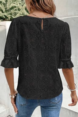 image-White Flower Eyelet Jacquard Keyhole Flounce Sleeve Top