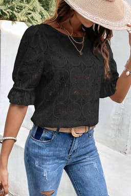 image-White Flower Eyelet Jacquard Keyhole Flounce Sleeve Top