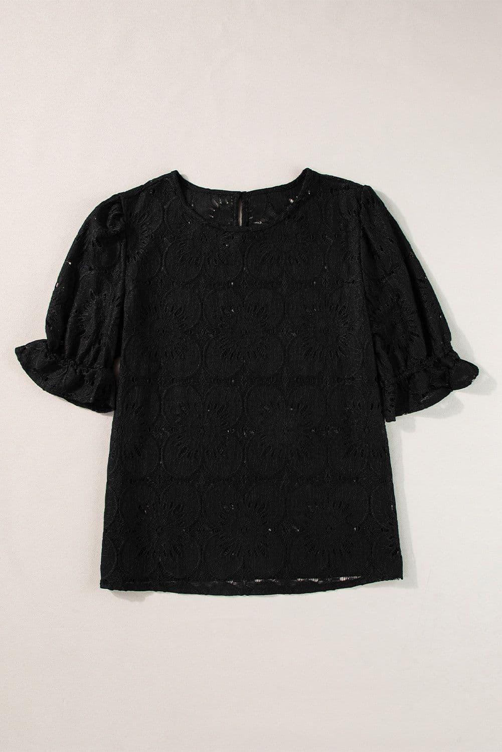 image-White Flower Eyelet Jacquard Keyhole Flounce Sleeve Top