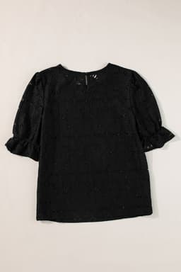 image-White Flower Eyelet Jacquard Keyhole Flounce Sleeve Top