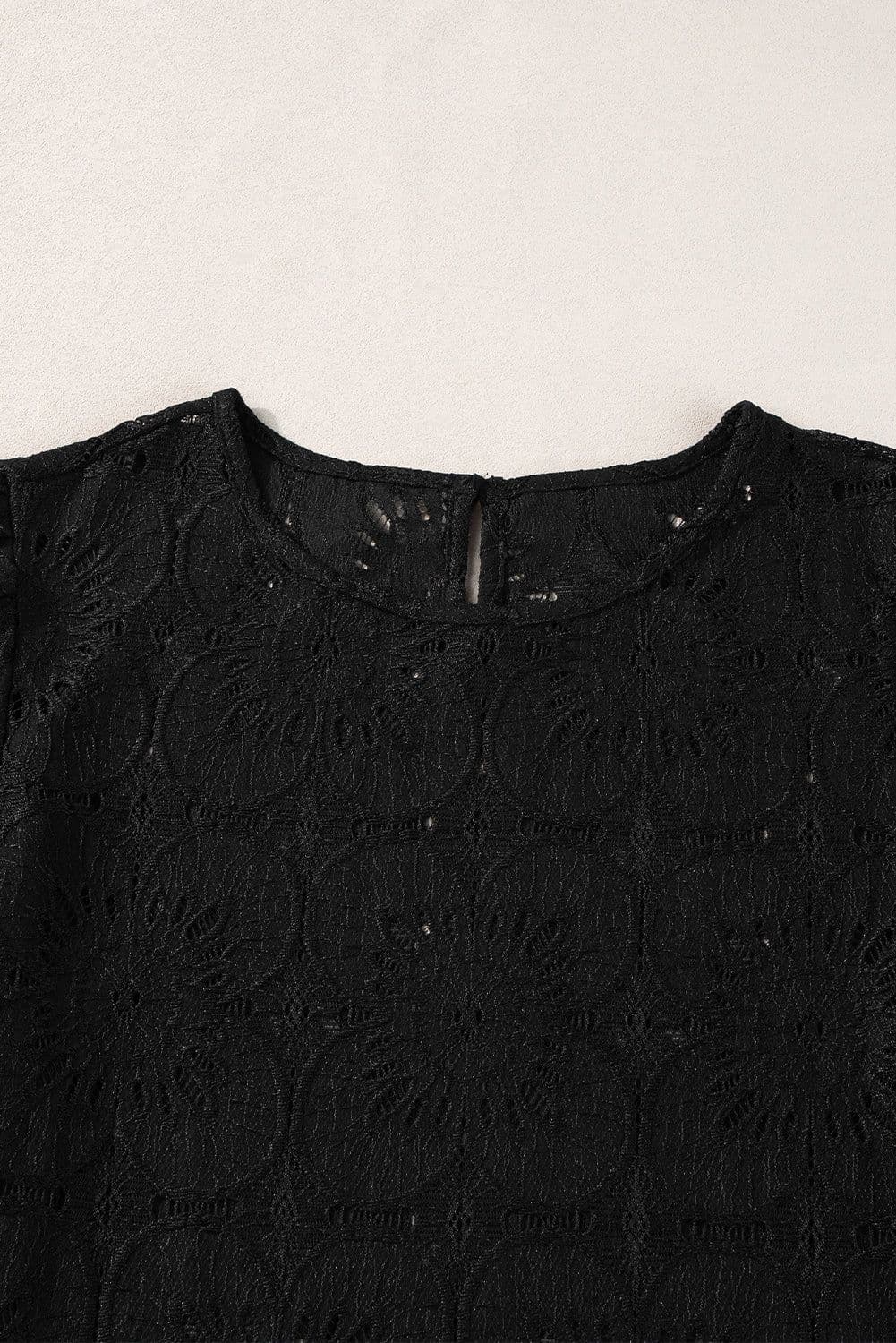 image-White Flower Eyelet Jacquard Keyhole Flounce Sleeve Top