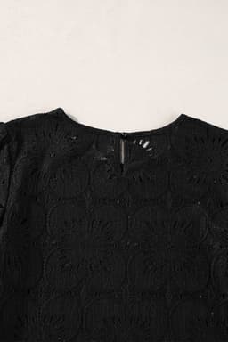 image-White Flower Eyelet Jacquard Keyhole Flounce Sleeve Top