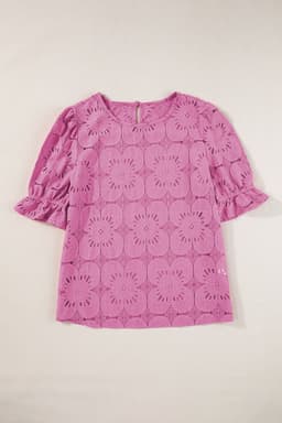image-White Flower Eyelet Jacquard Keyhole Flounce Sleeve Top