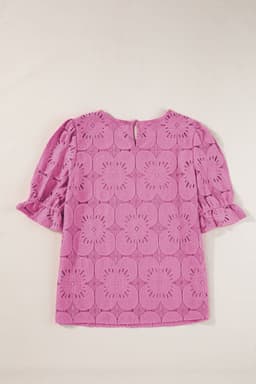 image-White Flower Eyelet Jacquard Keyhole Flounce Sleeve Top