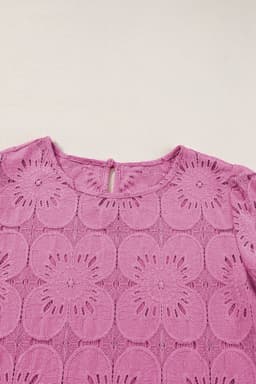 image-White Flower Eyelet Jacquard Keyhole Flounce Sleeve Top