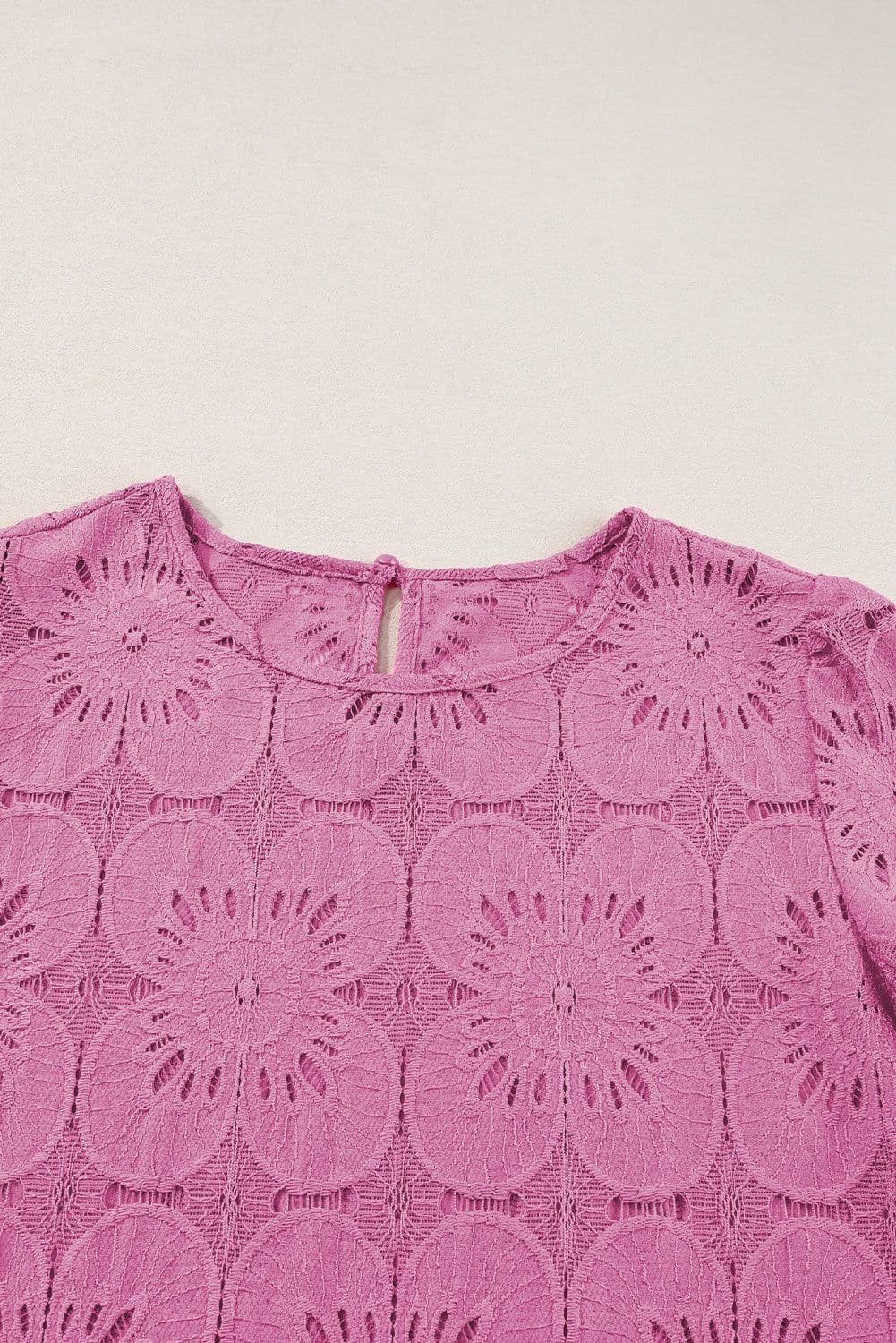 image-White Flower Eyelet Jacquard Keyhole Flounce Sleeve Top