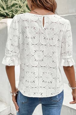 image-White Flower Eyelet Jacquard Keyhole Flounce Sleeve Top
