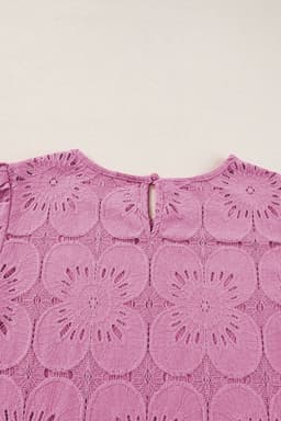 image-White Flower Eyelet Jacquard Keyhole Flounce Sleeve Top
