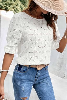 image-White Flower Eyelet Jacquard Keyhole Flounce Sleeve Top