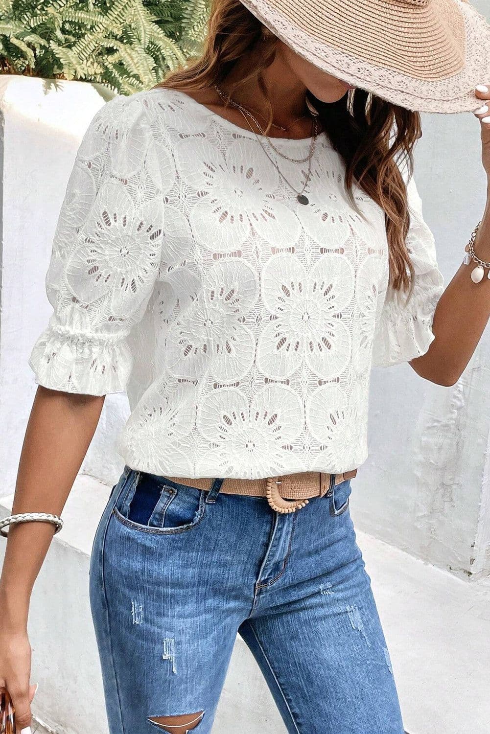 image-White Flower Eyelet Jacquard Keyhole Flounce Sleeve Top